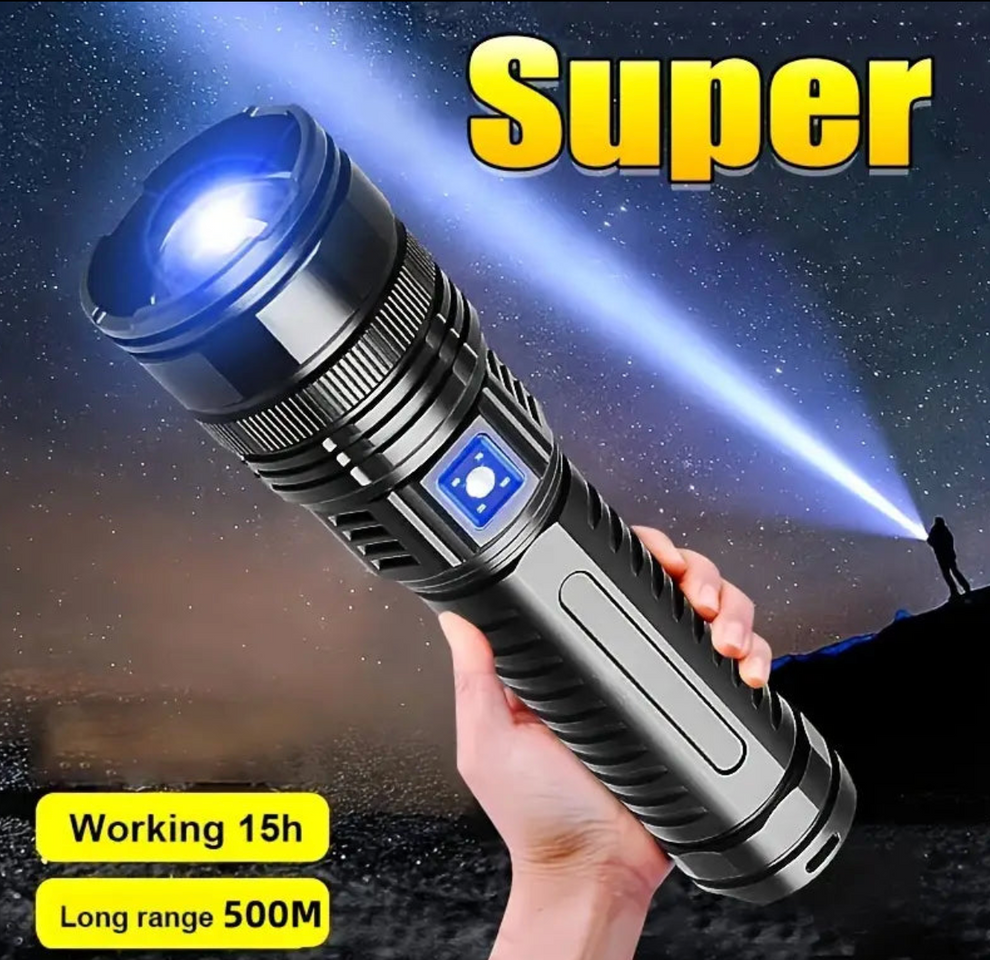 🔥 Buy 1 Get 1 FREE Super Power 🔥 LED Flashlight – Zoomable, Rechargeable, Metal Body with Power Bank, 8–12 Hrs Battery Backup