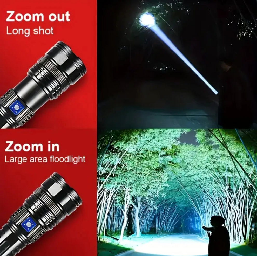 🔥 Buy 1 Get 1 FREE Super Power 🔥 LED Flashlight – Zoomable, Rechargeable, Metal Body with Power Bank, 8–12 Hrs Battery Backup